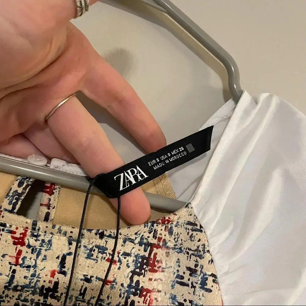 NWT Zara White Puff Sleeve Top striped check Small